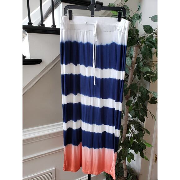a.n.a Maxi Skirt Womens Large White Blue Striped Stretch Side Slit Drawstring - Picture 2 of 12
